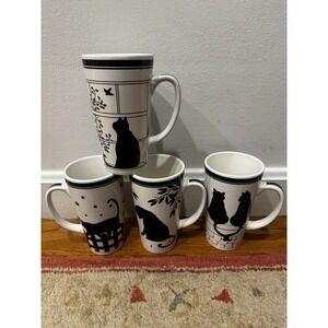Vintage Set Of 4 ND Exclusive Cat Silhouette Mugs Moon Stars Black White 6''
